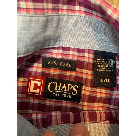 Chaps Men’s L Cotton Poly Easy Care Short Sleeve Button up Pocket Purple Pink Pl - Picture 2 of 6